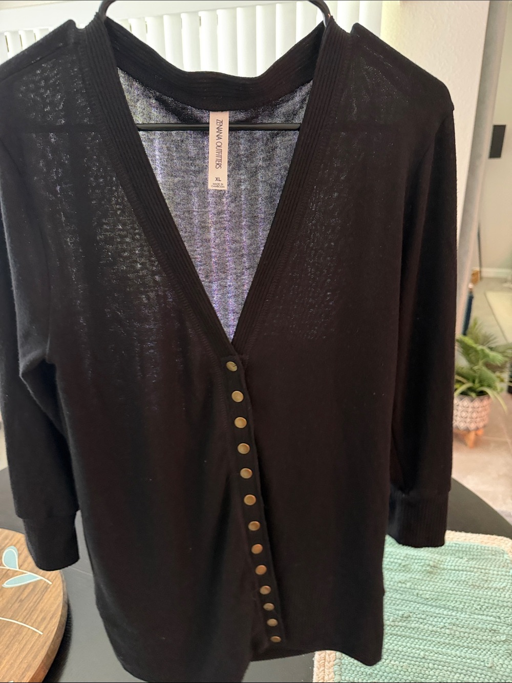 Zara Black V-Neck Cardigan with Gold Buttons Three Quarter Length Sleeves